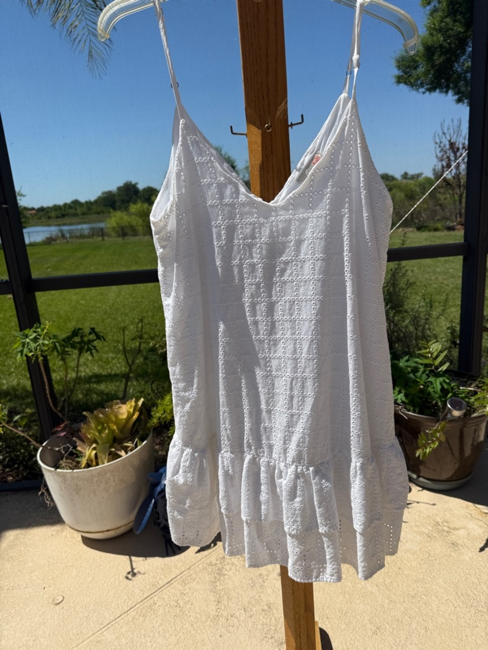 GB White Eyelet Spaghetti Strap Ruffle Coverup